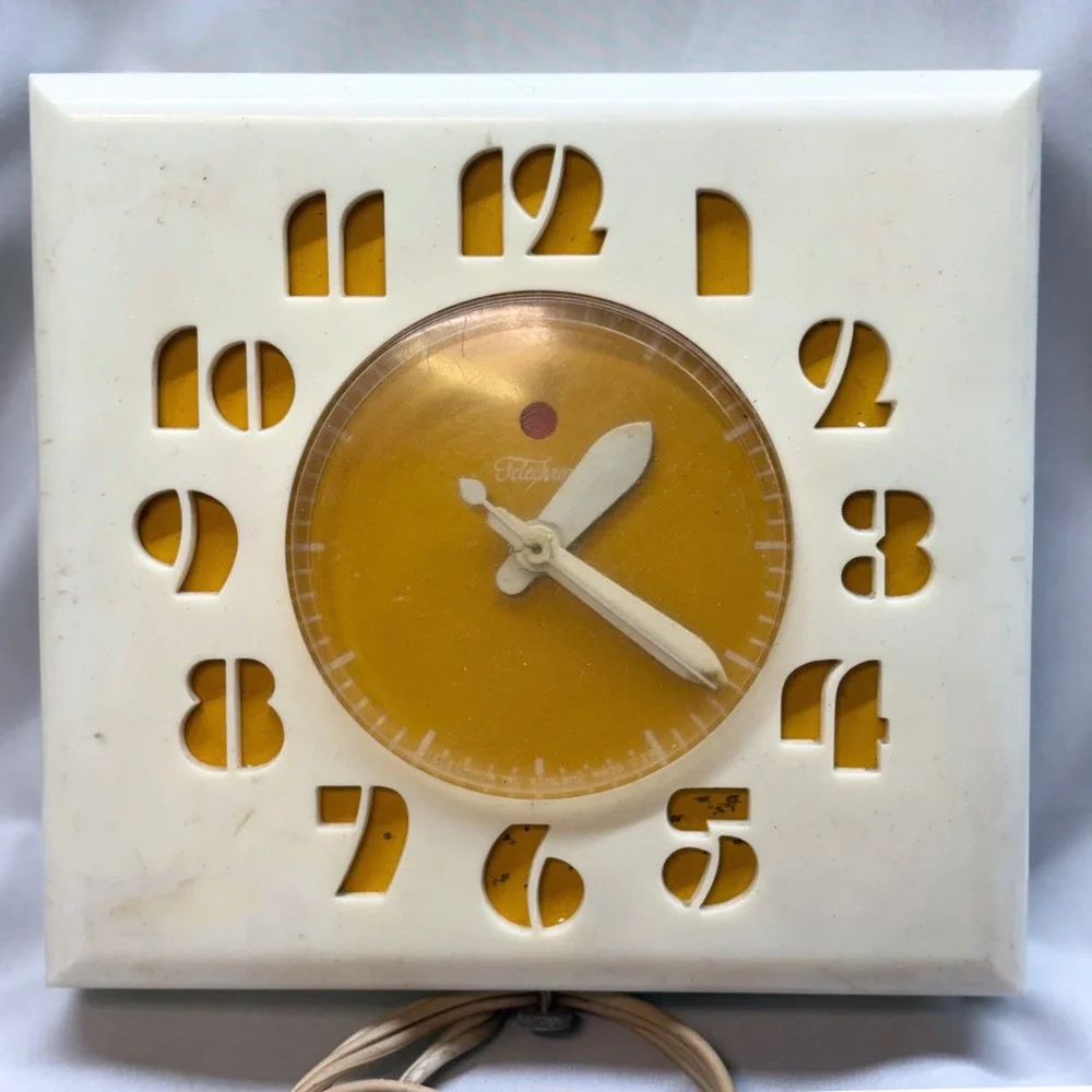 Telechron Electric Wall Clock 2H27 White Yellow Vintage 1950s Parts MCM Square